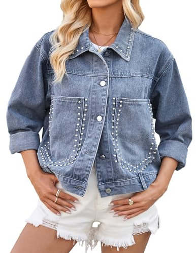 cffvdiz Damen-Jeansjacke Langärmelige Punk Jeansjacken Mit Nieten,Blau,XL