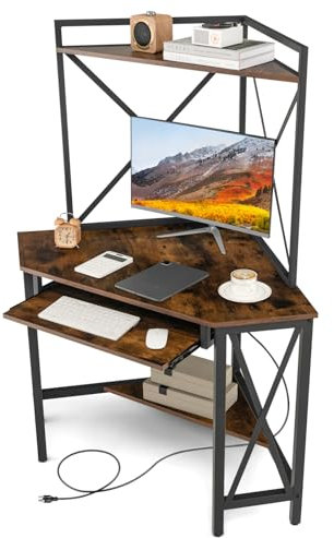 COSTWAY Schreibtisch mit Ladestation, Eck Computertisch mit Tastaturablage & 2 Ablagen, Bürotisch Metallrahmen, Arbeitstisch für Homeoffice, 80 x 80 x 145 cm(Vintage)