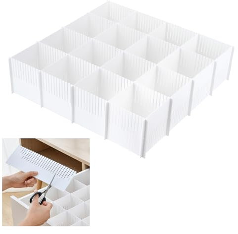 Dulamet 10 Divisori per cassetti, 38 x 11 cm, separatori per cassetti regolabili, divisori, divisori per biancheria intima, calze, cosmetici, camera da letto, ufficio (bianco)