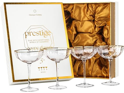 Copas Pequeñas Octogonales de Prestigio para Cóctel con Bordes Dorados | Juego de 4 | 150 ml | Cristalería Cupé de Cristal y Angular para Martini, Manhattan, Cosmopolitan, Daiquiri y Cócteles Clásicos