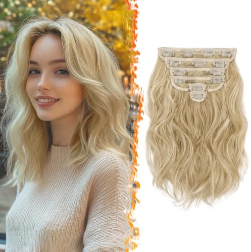 BARSDAR Clip in Extensions Blond, 30cm Kurzes Wellige Clip in Haarverlängerungen Für Frauen 6PCs Voller Kopf Dickes Synthetisches Haarteile Natürliches Weiches - Helles Aschblond Mix