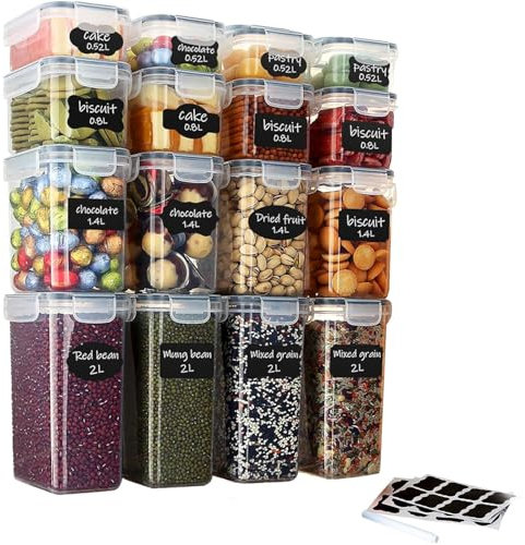 Taylor & Brown Set of 16 Airtight Food Storage Containers & Kitchen Storage Containers, BPA-Free Plastic Containers for Flour, Sugar and Baking Supplies, with 20 Labels