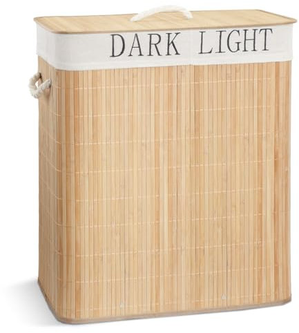 VOUNOT® Panier à Linge 100L Rectangulaire à Double Compartiment en Bambou Corbeille à Linge Pliable avec Couvercle et 2 Sacs Amovibles pour Salle de Bain Chambre et Buanderie Teinte Bois Naturel