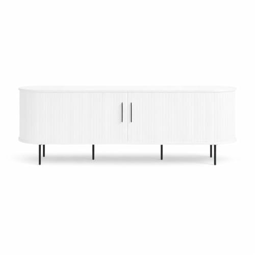 Liadomo Uriel Lowboard, 180x56x40 cm, TV-Board, Kommode mit Lamellen-Optik Schiebetüren, Moderner Retro Look, 2 Einlegeböden, hohe Metallfüße, Eiche weiß furniert