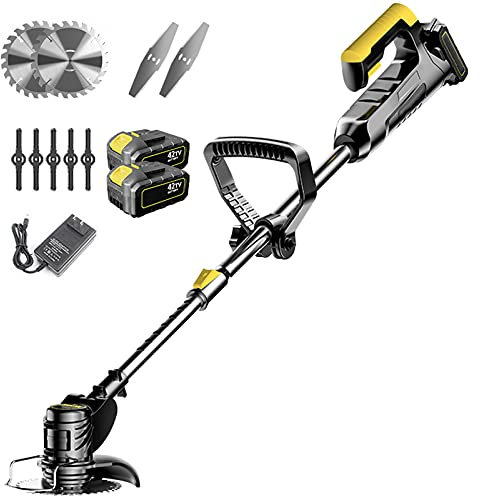 LKYLGYU Desbrozadora inalámbrica, minicortacésped telescópico, desbrozadora eléctrica con batería de 42 V y 12 000 mAh y Cargador para césped pequeño y arbustos densos (Negro)