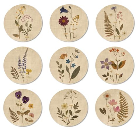 ANATTASOUL 9Pcs Flores Y Plantas Vintage Posavasos Madera, Posavasos De Madera, Reutilizables, Redondos, Drink Coasters, Taza para Café, Bar, Cocina, Restaurante