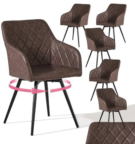 CLIPOP Esszimmerstühle Drehbar 6er Set mit Armlehne, Kunstleder Polsterstuhl Küchenstuhl Drehstuhl Armlehnenstuhl für Esszimmer Wohnzimmer Büro (Kunstleder Braun, 6er Set)