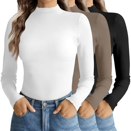 Turtleneck Tops for Women Long Sleeve Mock Neck Shirts Undershirts 3 Pack | Mock turtleneck tops for women, thermal long sleeve design, 3 pack shirts, fall wear, office layers, casual everyday outfits