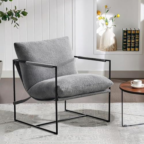 mcc direct Modern Lounge Sling Accent Chair with Metal Frame and Boucle Fabric Ergonomic Cushions Armchair Upholstered Cozy Reading Chair for Living Room, Bedroom, Dressing Room,Office (Grey) - LUCA