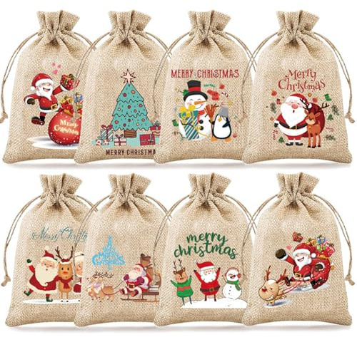 KASESSS 8 Stück Weihnachts-Geschenktüten, Weihnachtssäcke, klein, Mini-Weihnachtstüten für Geschenke, Weihnachts-Süßigkeitentüten, wiederverwendbar, Weihnachtssäcke, Sackleinen-Geschenktüten für