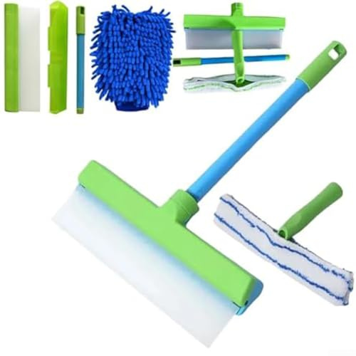 Fönsterrengöring silikonskrapa kit med strimma silikonblad för fläckfria speglar duschdörrar och vindrutor, ergonomiskt handtag för bekväm användning (blå och vit)