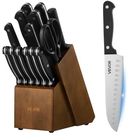 VEVOR Juego de Cuchillos de Cocina, con Bloque Madera y Afilador, Resistente a la Corrosión, Cubertería de Cocina con Mango Ergonómico ABS, para Cocineros Aficionados, 15 uds, 205 x 125 x 310 mm