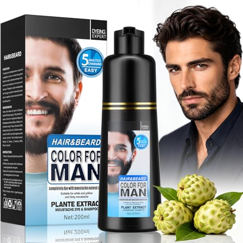 3 in 1 Men'S Beard Colour, Natural Black Beard Dye For Hair Beard & Moustache, 5 Minutes For Easy Application,Instant Beard Dye Shampoo For Facial Gray Hair Coverage 200Ml