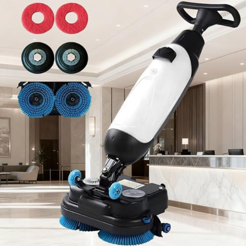 Autolaveuse électrique professionnelle : portable, largeur de nettoyage de 43 cm, double brosse rotative, tête pivotante à 360°, légère, lave et sèche efficacement les sols, blanche