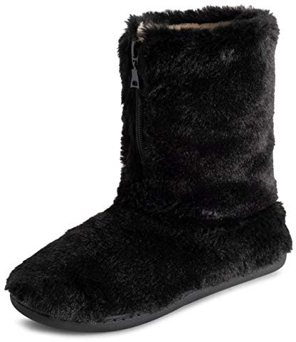 Polar Womens Memory Foam Zipper Faux Fur Covered Rubber Sole Indoor Outdoor Cosy Luxury Boot Slippers - Black - UK5/EU38 - YC0719