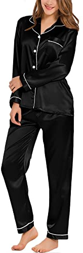 SWOMOG Seidenpyjama Damen Lang Satin Schlafanzug Button Down Pyjamas Set Zweiteiliger Nachtwäsche Hausanzug Frauen Silk Loungewear Silky Pjs Schwarz