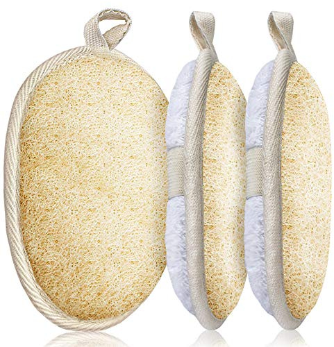 3 Packs Exfoliating Loofah Sponge Pads,Large 5”x 7”-100% Natural Luffa and Terry Cloth Materials,Premium Loofa Sponge Scrubber Body Glove Close Skin for Men and Women,Perfect for Bath Spa and Shower