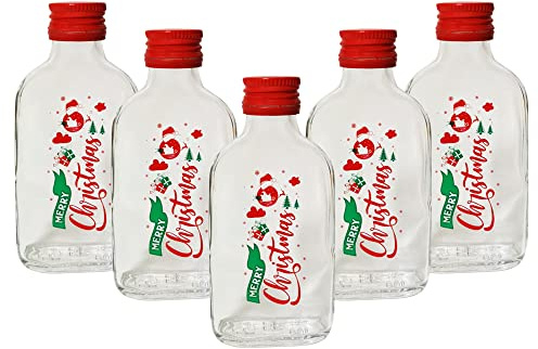 DIAH DO IT AT HOME 10 Pack 100ml Christmas Glass Hip Flask Bottles with Red Screw Caps - 'Merry Christmas' Screen Printed Empty Bottles for DIY Homemade Liqueur Gifts & Stocking Fillers (Set of 10)