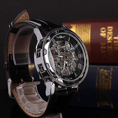 Men Watch Classic Men's Black Leather Dial Skeleton Mechanical Sport Wrist Watch Small Watches for Men