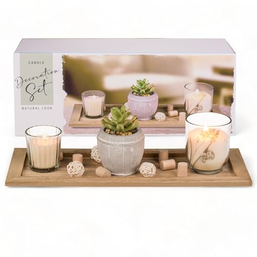 MIJOMA Dekoratives Kerzen-Set: 2 Elegante Kerzen im Glas, Bezaubernde Sukkulente im Keramik-Topf & Stilvolle Holzdeko auf Naturfarbenem Holz-Tablett, Atmosphäre für Ihr Zuhause (ca. 36 x 14 cm)