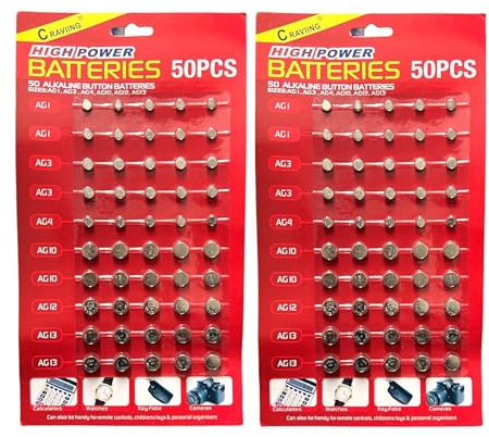 Lot de 100 piles bouton alcalines assorties AG1/LR621 | AG3/LR41 | AG4/LR66 | AG10/LR54 | AG12/LR43 | AG13/LR44 piles pour montres, jouets, calculatrices, porte-clés