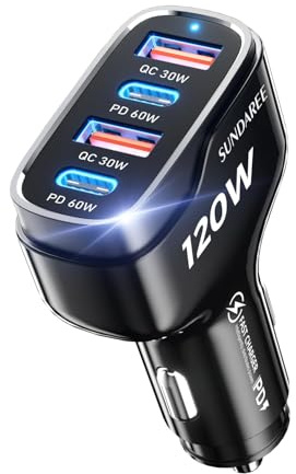 SUNDAREE Cargador Coche Carga Rapida,120W Multiple 4 Puertos 12V~24V PD QC Tipo USB C Mechero Movil Enchufe Encendedor Adaptador para Samsung A56 A17/Redmi Note 14/iPhone 17/iPad/Galaxy Tab,Negro