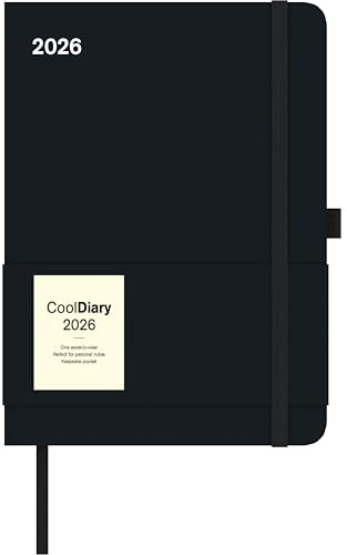 N Neumann - Black 2026 – Buchkalender 16x22 cm, Wochenplaner mit 4-sprachigem Kalendarium, internationalem Feiertags- & Mondphasen-Überblick, Taschenkalender mit Stifthalter & Elastikband: Cool Diary