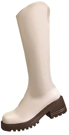 Botas de piel para mujer con tacón, botas sexys para mujer, con cremallera, botas largas, puntera redonda, tacón de bloque, suela de perfil, botas de saltar, Blanco, 38 EU