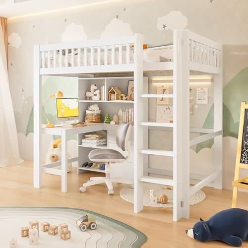 Cama alta 90 x 200 cm con escritorio, cuna con escalera y armario de almacenamiento, 3 cajones, varios estantes, cama juvenil con zona de trabajo, sin colchón (blanco)