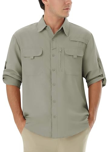 Autsel Camisa Hombre Casual Outdoor para Pesca y Senderismo, Camisa de Protección Solar UPF 50+ con Secado Rápido, Camisa Técnica Transpirable de Manga Larga para Viaje Verde Oliva L