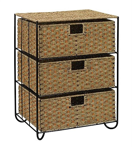 Household Essentials 3 Drawer Wicker Storage Unit, Handwoven Seagrass, Strong Metal Frame with Curved Feet, Durable, Compact,, No Assembly Required, Natural