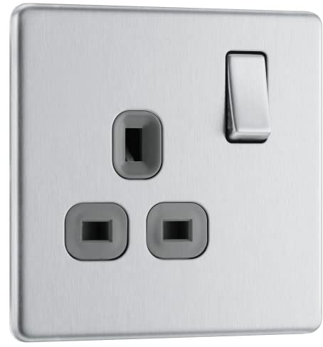 BG Electrical Single Switched Power Plug Wall Socket, Screwless Front Plate, Slim Profile, Premium Flatplate, Brushed Steel, Grey Inserts, 13A, FBS21G