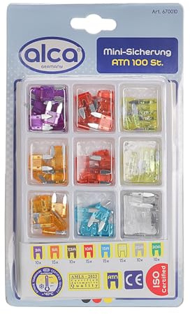 alca® Mini-Sicherungen 3-30A, 100 Stk. Set im Blister, 32V | Flachsicherungen im 100er -Bundle, für Auto, Motorrad & Wohnwagen, 10x(3A, 7,5A, 25A, 30A) 15x(5A, 10A, 15A, 20A)