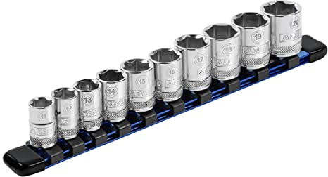ARES 70122-3/8-Inch Drive Blue 9.84-Inch Aluminum Socket Organizer - Store up to 10 Sockets and Keep Your Tool Box Organized - Sockets Will Not Fall Off this Rail