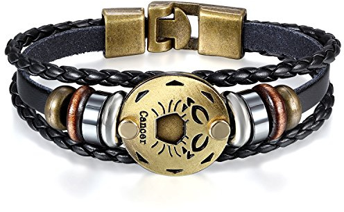 JewelryWe Smycken armband herr stjärntecken stjärntecken stjärntecken pärla manschett läder fantasi legering för herr och dam färg svart med presentpåse, 21 cm, Läder, utan_pierre