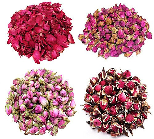 TooGet Duftende Getrocknete Rosenblüten 4 Beutel Umfassen Rosenblüten Rosenknospen Rosa Damascena Blumen Golden-Rim Stieg