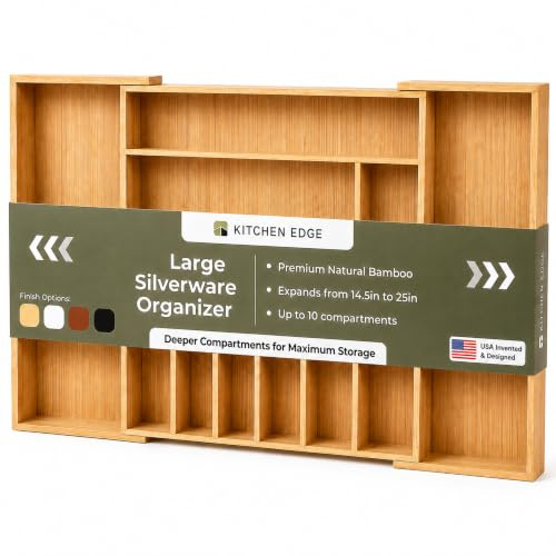 KitchenEdge Premium Besteck-, Besteck- und Utensilien-Organizer für Küchenschubladen, erweiterbar auf 63 cm Breite, 10 Fächer, 100% Bambus