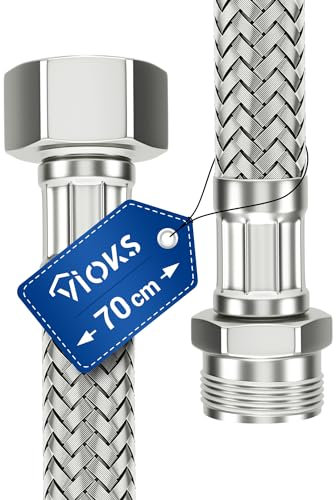 Tubo corazzato, 70 cm, flessibile, con dado di raccordo da 1/2 e filettatura esterna, tubo per acqua potabile, con intrecciatura in acciaio inox