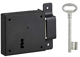Serratura orizzontale con chiave per porta di cantina, solo catenaccio, destra, asse 50mm, 85x76mm, nero, 1 chiave - THIRARD