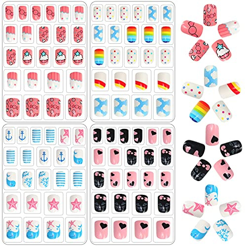 96 Stück Mädchen Aufdrücken Nägel Vollabdeckung Kurze Kindernägel Künstliche Nagelspitzen für Kinder Falsche Fingernägel Kinder Nagelkunst Dekoration (Refreshing and Cute)
