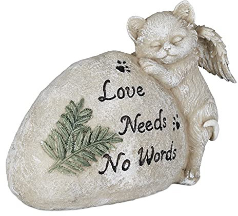 Relaxdays Grabschmuck für Katze, Gartendeko Figur, Andenken Tier, Grabstein mit Spruch, Katzenengel, wetterfest, Creme