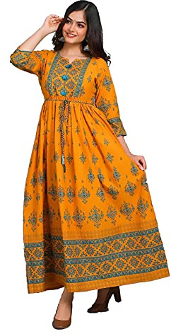 Kurtis - Top a tunica da donna, stile etnico indiano, in cotone rayon, Anarkali Kurta, Giallo-1., X-Large