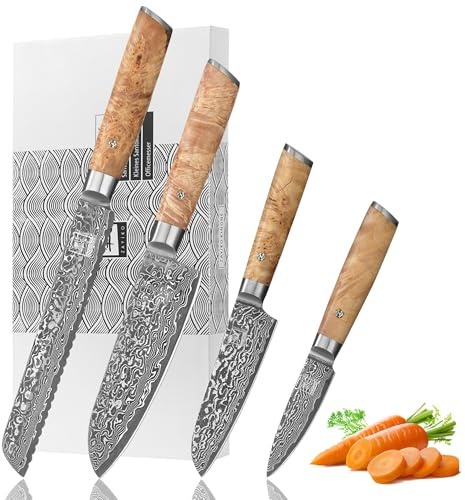 zayiko Kinone Damastmesser-Set 4-teilig, 67 Lagen Damaststahl mit VG10-Kern | Brotmesser mit Wellenschliff, 2 Santoku & Officemesser; Birkenwurzelholzgriffe, 3 glatte Klingen mit 15° V-Schliff, 60±2 HRC.