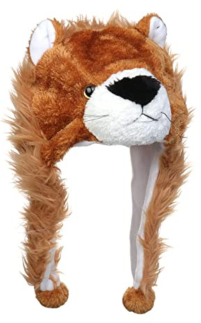 JK Home Funny Plush Animal Hat, Headwear Cartoon Hats, Soft Warm Novelty Stuffed Ear Flaps Scarf Cap, Cosplay Costume Headgear, Headband Photo Props, Unisex Children Adults Brown Lion