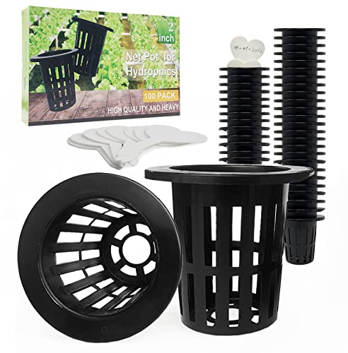 Tmtamye 100 Pack 2 inch Net Pots Hydroponics Supplies Cups | Round Wide Lip Design Aquaponics Net Pots, Heavy-Duty Slotted Mesh Orchid Growing Baskets, Comes with 20 Plant Labels