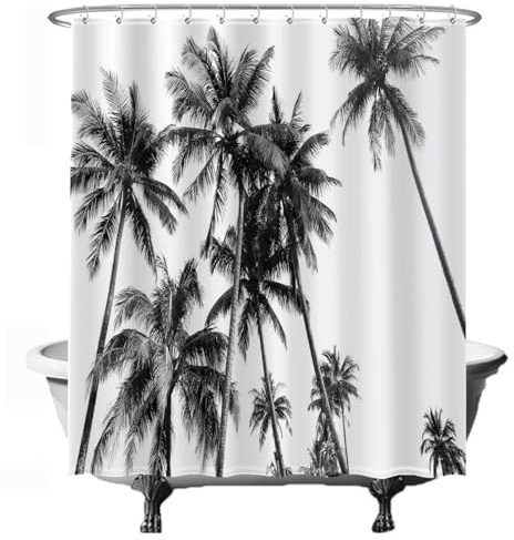 Ulticool Duschdraperi – strand natur retro vintage palmkonst – 180 x 200 cm – anti-mögel – tvättbar – vattentät – med 12 ringar – svart vit