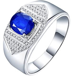 KnSam Echter Goldschmuck, Herren Ring 750 Weißgold, Breit Ringe Goldring Herren 1.3ct Labor Erstellt Saphir mit Diamant, Weiß Gold, Gr.67 (21.3)