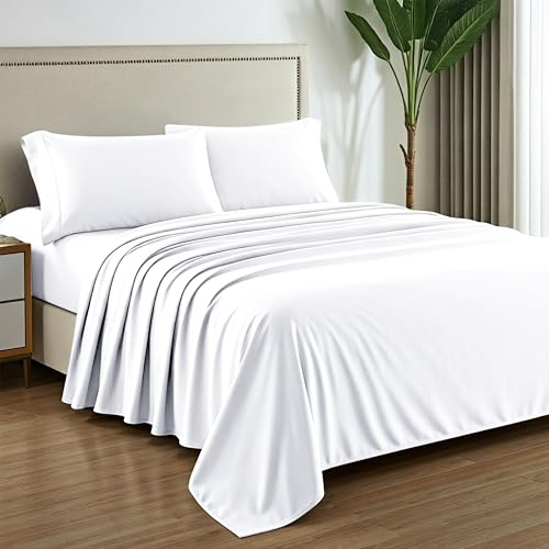 Mayfair Linen Bettlaken aus 100 % reiner ägyptischer Baumwolle, King-Size, Fadenzahl 1000, 4-teilig, weiß, Luxushotel-King-Size-Bettlaken-Set, 40,6 cm tiefes Satin-Gewebe, weich, kühlend