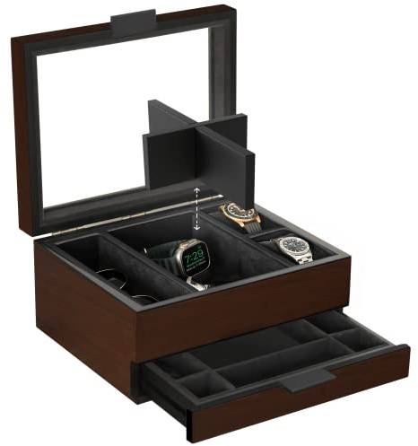CASE ELEGANCE Uhrenbox mit 8 Fächern für Herren, Kirschholz-Walnuss-Finish, Uhrenvitrine, modulares Valet-Tablett, Apple Watch kompatibel mit Apple Watch-Ständer – Braun | Uhrengehäuse, Holzkonstruktion, modulares Valet-Tablett