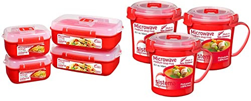 Sistema Microwave-Heat & Eat Frischhaltedosen Set | 4 rechteckige Mikrowellen-Vorratsdosen (2 x 1,25 l + 2 x 525 ml) & Microwave Suppentasse, mittelgroß | 656 ml | rot | 3 Stück